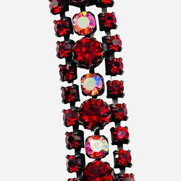 Stunning Vintage Regency Red Rhinestone AB Gun Metal Bracelet - Picture 4 of 8
